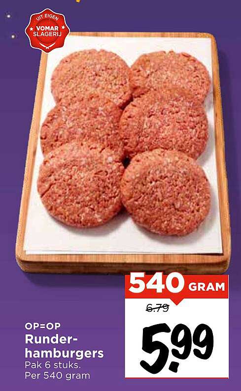 Runderhamburgers Pak 6 stuks. Per 540 gram