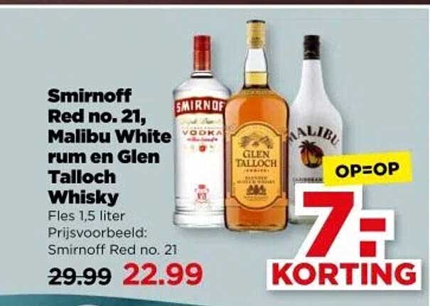Smirnoff Red no. 21, Malibu White rum en Glen Talloch Whisky Fles 1,5 liter