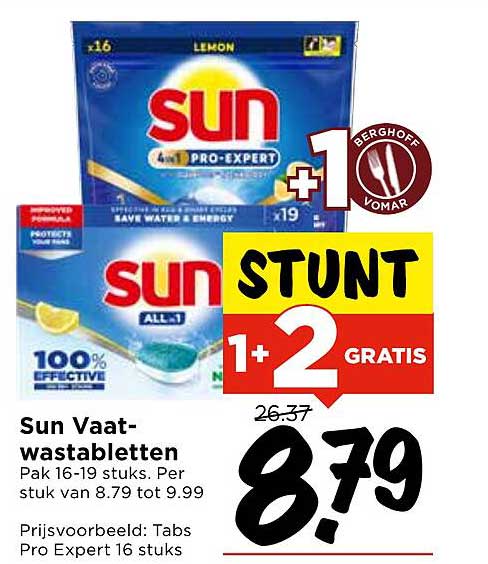 Sun Vaatwastabletten Pak 16-19 stuks. Per stuk van 8.79 tot 9.99
