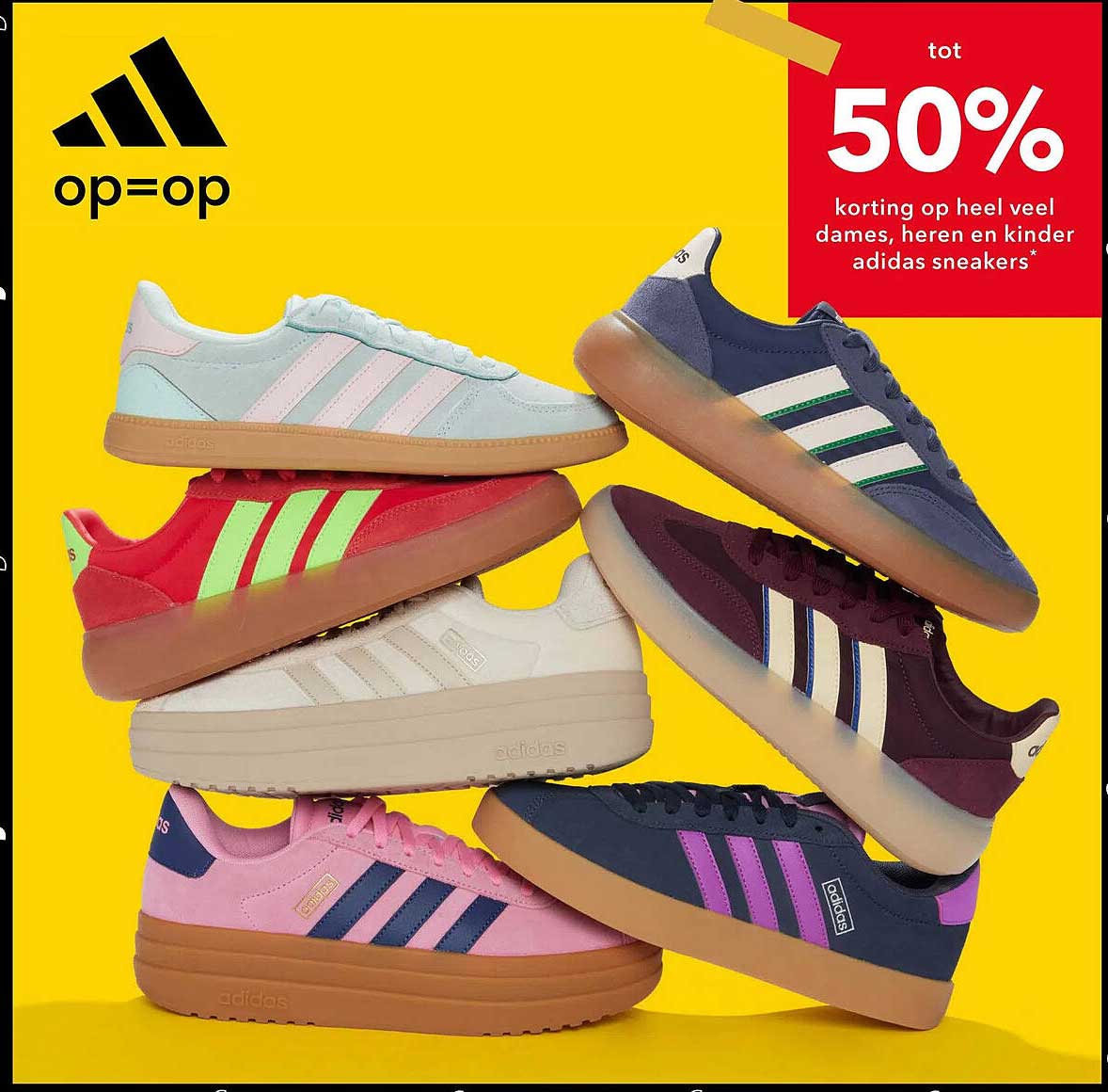 tot 50% korting op heel veel dames, heren en kinder adidas sneakers*