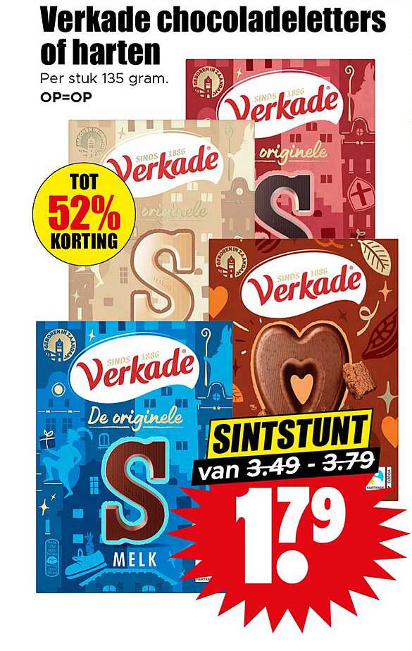 Verkade chocoladeletters of harten per stuk 135 gram