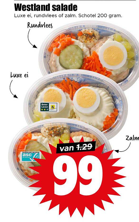 Westland salade Luxe ei, rundvlees of zalm. Schotel 200 gram.