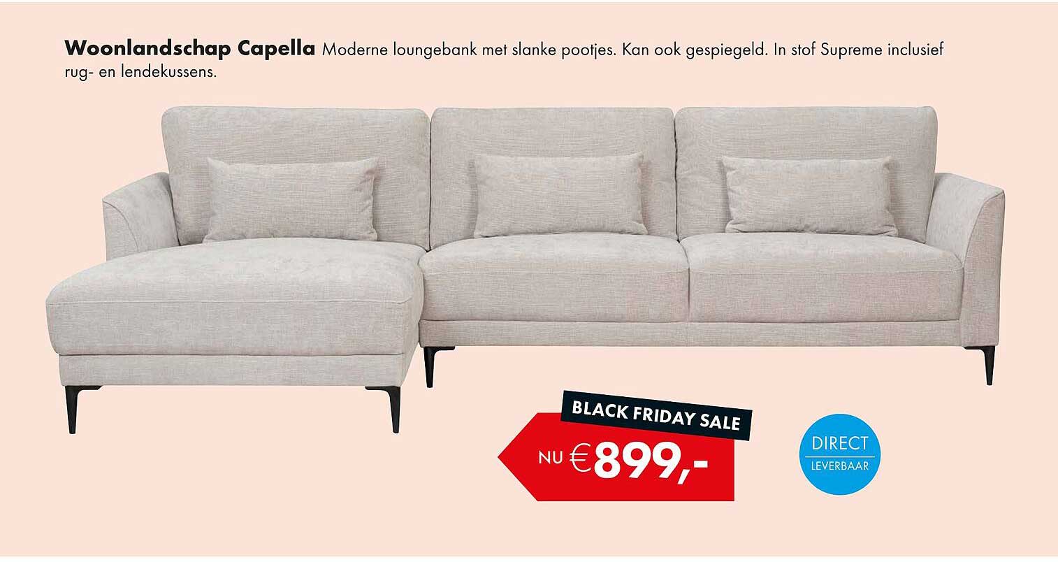 Woonlandschap Capella Moderne lougebank met slanke pootjes. Kan ook gespiegeld. In stof Supreme inclusief rug- en lendekussens.