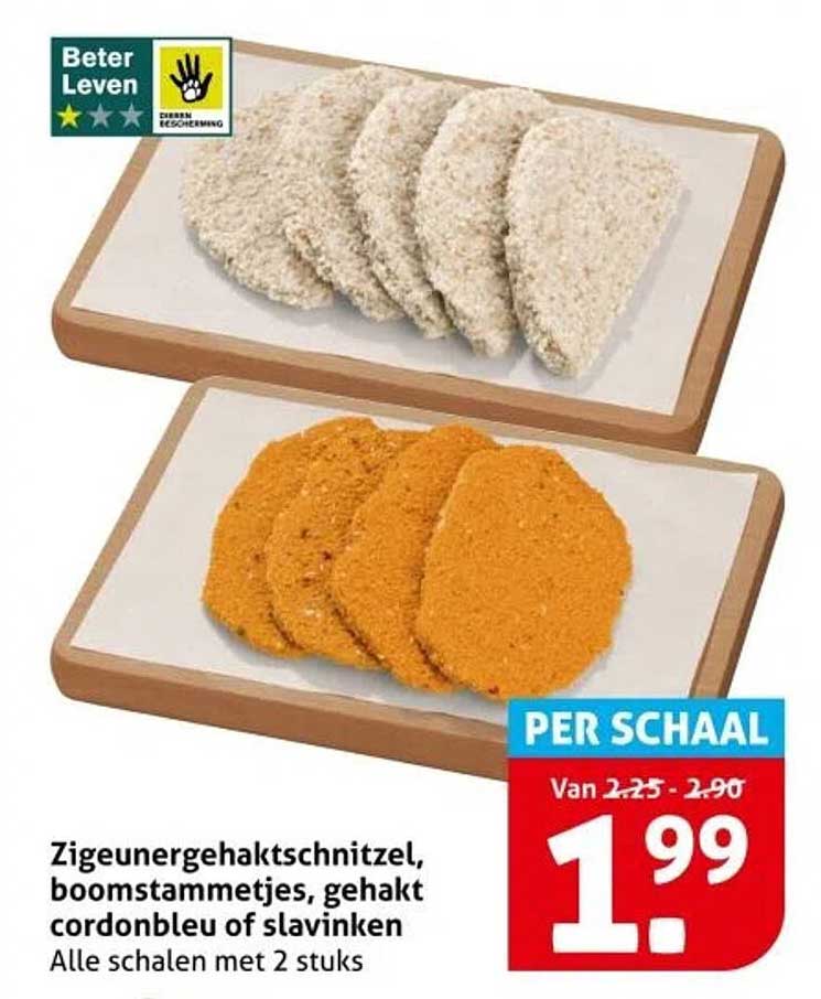 Zigeunergehaktschnitzel, boomstametjes, gehakt cordonbleu of slavinken
