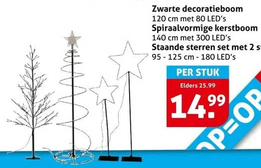 Zwarte decoratieboom 120 cm met 80 LED's, Spiraalvormige kerstboom 140 cm met 300 LED's, Staande sterren set met 2 st 95 - 125 cm - 180 LED's