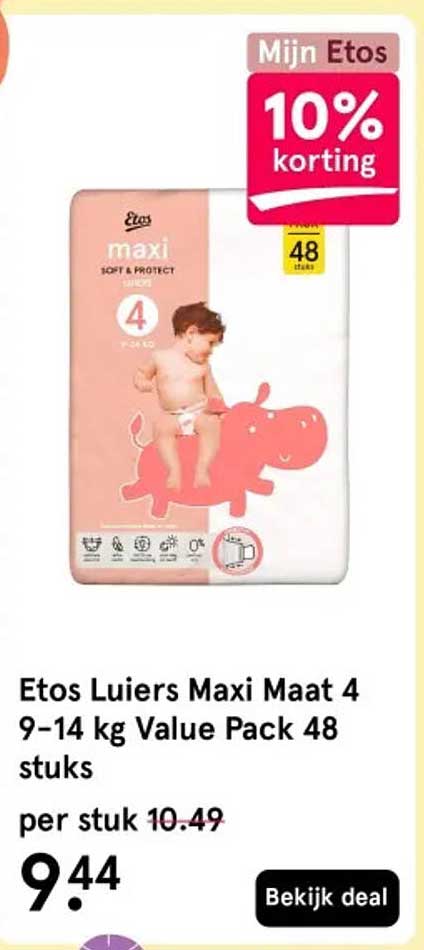 Etos Luier Maxi Maat 4 9-14 kg Value Pack 48 stuks
