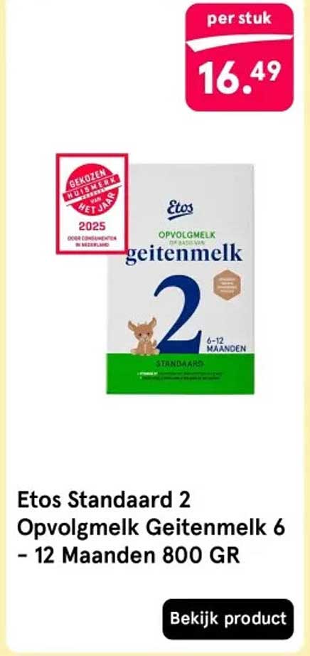 Etos Standaard 2 Opvolgmelk Geitenmelk 6 - 12 Maanden 800 GR