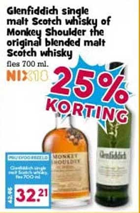 Glenfiddich single malt Scotch whisky of Monkey Shoulder the original blended malt Scotch whisky 25% KORTING