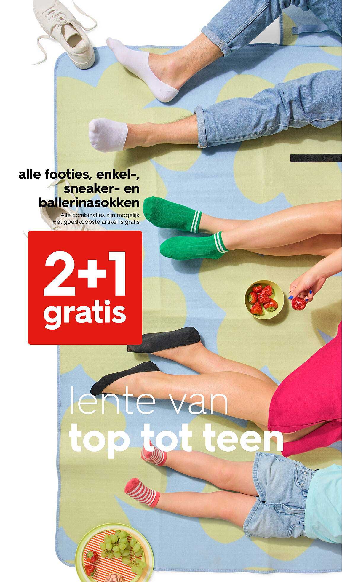2+1 gratis op alle footies, enkelsokken, sneakersokken en ballerinasokken