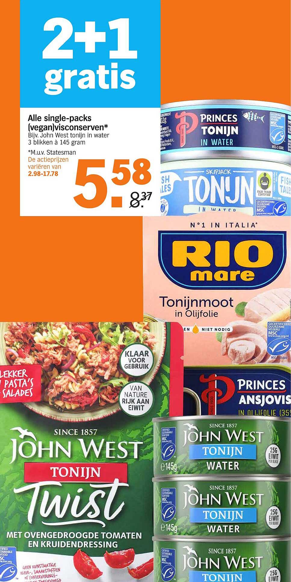 2+1 gratis op alle single-packs (vegan) visconserven