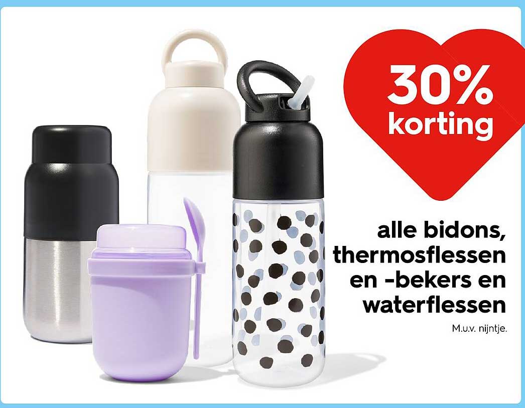 30% korting op alle bidons, thermosflessen en -bekers en waterflessen