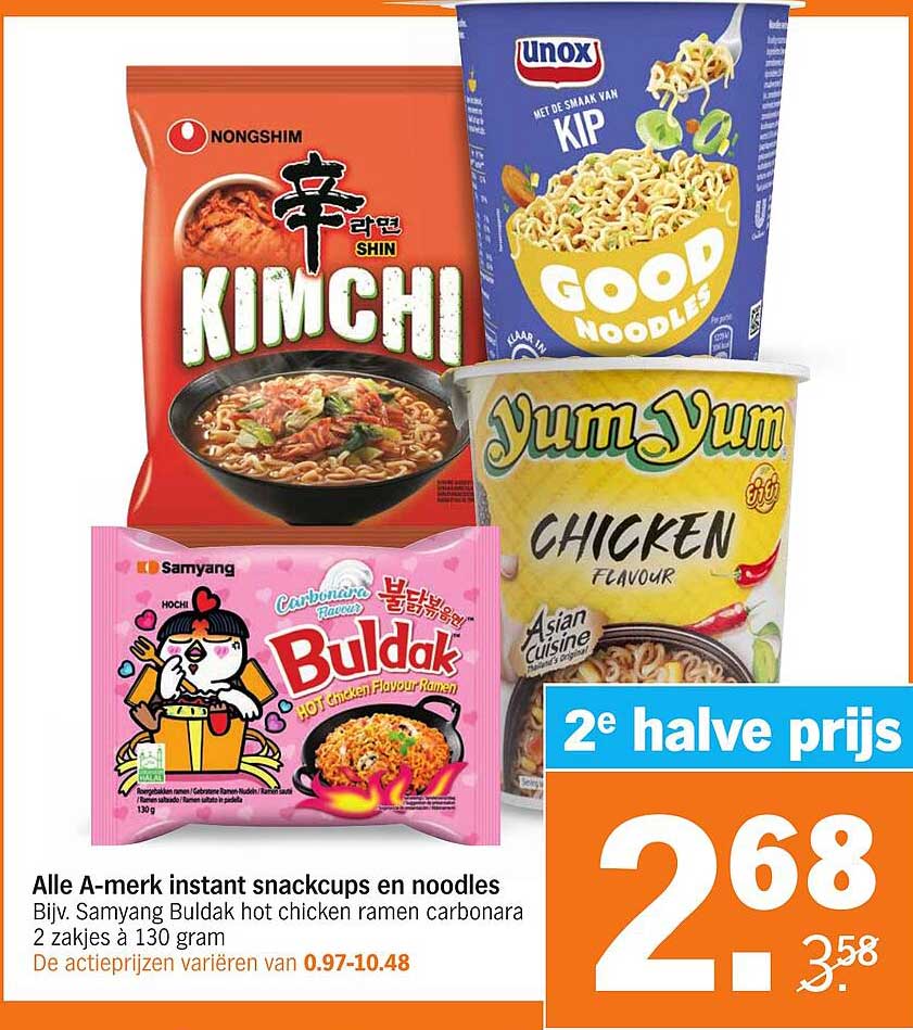 Alle A-merk instant snackcups en noodles