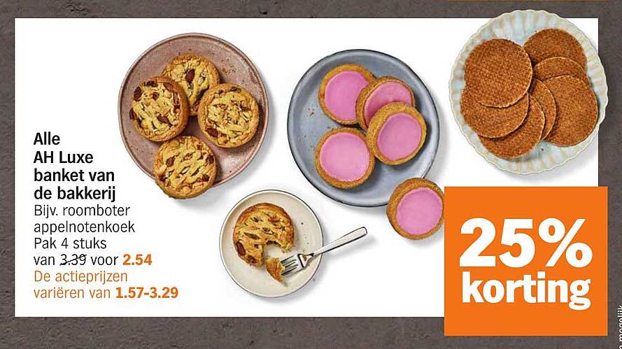 Alle AH Luxe banket van de bakkerij Bijv. roomboter appelnotenkoek Pak 4 stuks van 3.39 voor 2.54