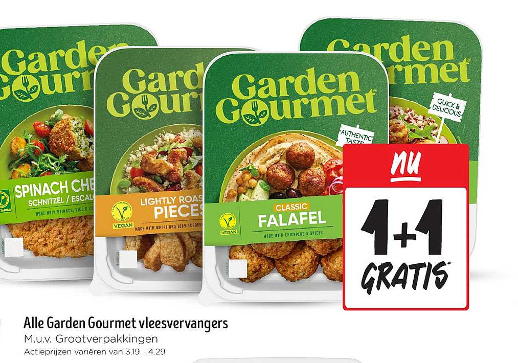 Alle Garden Gourmet vleesvervangers M.u.v. Grootverpakkingen Actieprijzen variëren van 3.19 - 4.29