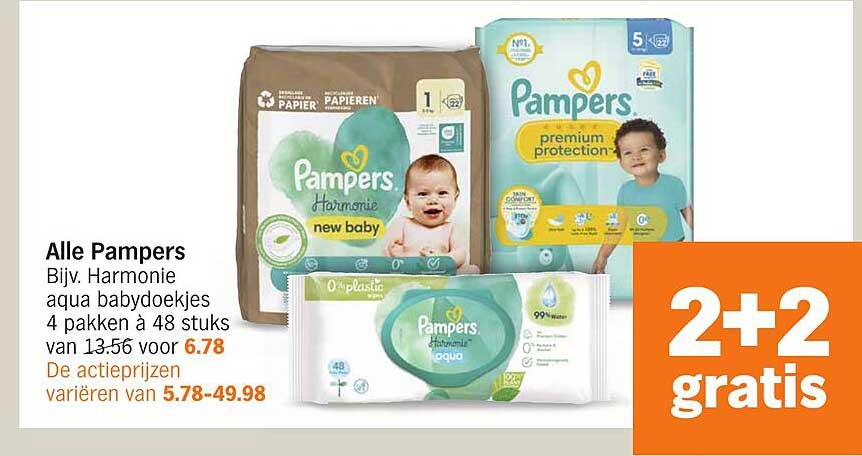 Alle Pampers Bijv. Harmonie aqua babydoekjes 4 pakken à 48 stuks van 13.56 voor 6.78