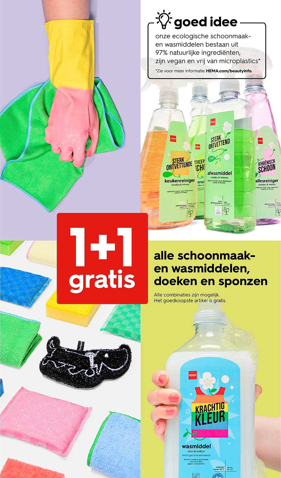 alle schoonmaak- en wasmiddelen, doeken en sponzen 1+1 gratis