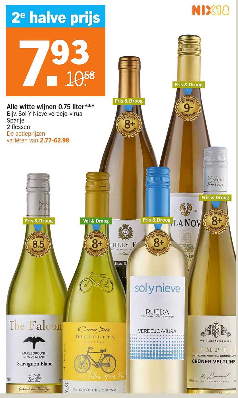 Alle witte wijnen 0.75 liter*** Bijv. Sol Y Nieve verdejo-viura Spanje