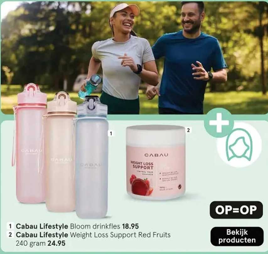 Cabau Lifestyle Bloom drinkfles 18.95 en Cabau Lifestyle Weight Loss Support Red Fruits 240 gram 24.95