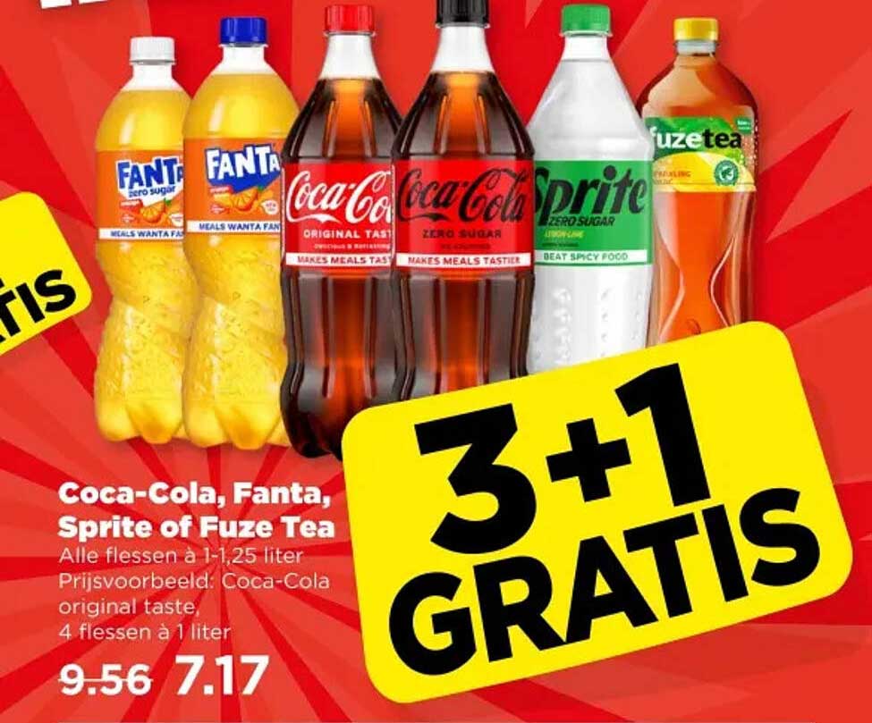 Coca-Cola, Fanta, Sprite of Fuze Tea - 3+1 GRATIS