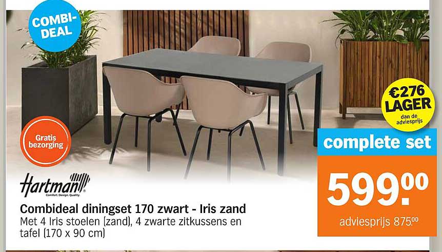 Combideal diningset 170 zwart - Iris zand