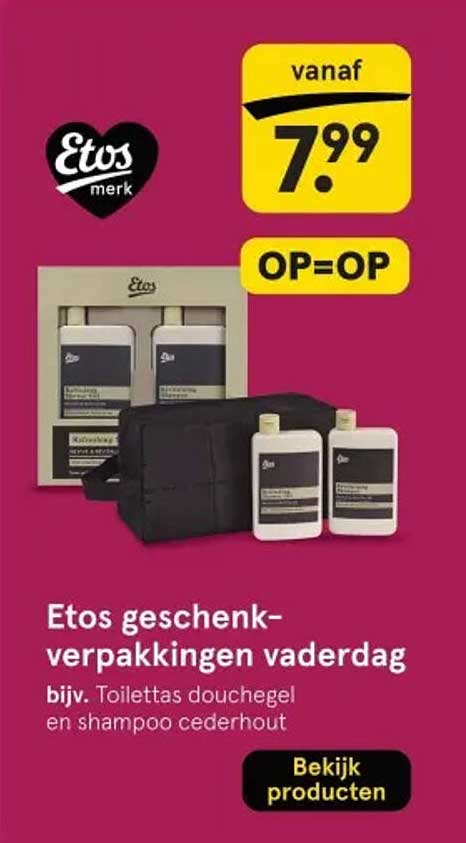 Etos geschenkverpakkingen vaderdag bijv. Toilettas douchegel en shampoo cederhout