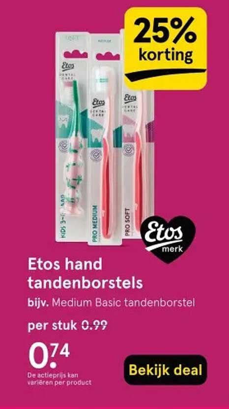 Etos hand tandenborstels bijv. Medium Basic tandenborstel