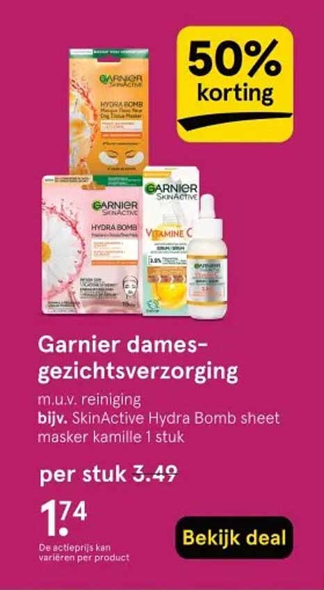 Garnier dames-gezichtsverzorging m.u.v. reiniging bijv. SkinActive Hydra Bomb sheet masker kamille 1 stuk
