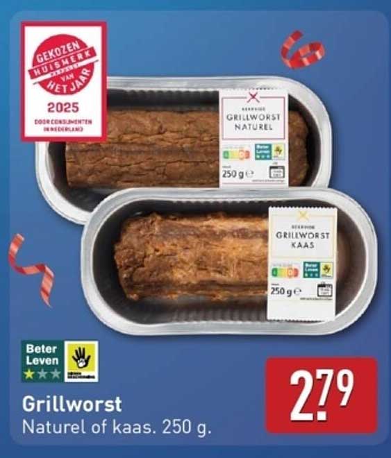 Grillworst Natuur of kaas. 250 g.