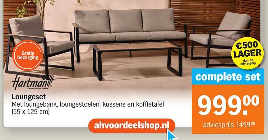 Loungeset met loungebank, lounge stoelen, kussens en koffietafel (55 x 125 cm)