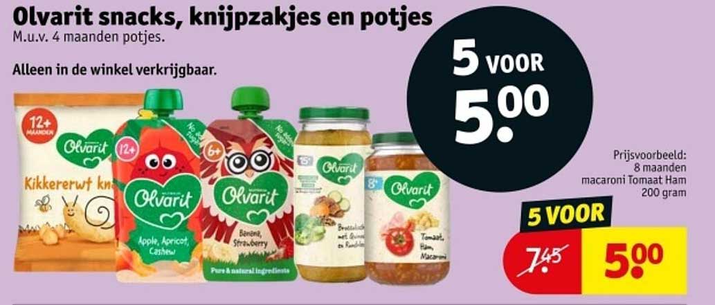 Olvarit snacks, knijpzakjes en potjes