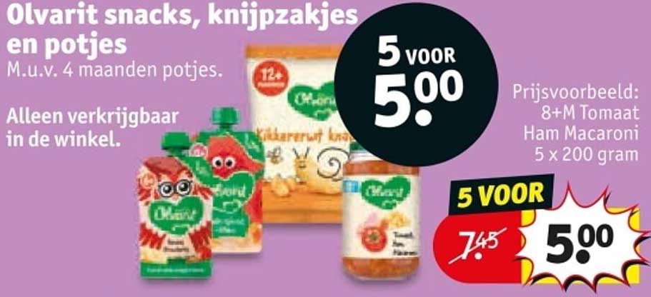 Olvarit snacks, knijpzakjes en potjes