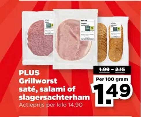 PLUS Grillworst saté, salami of slagersachterham