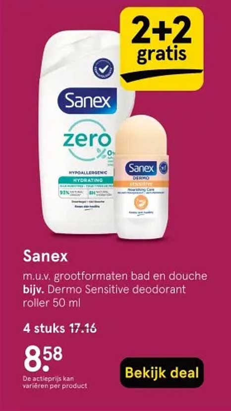 Sanex 2+2 gratis aanbieding m.u.v. grootformaten bad en douche bijv. Dermo Sensitive deodorant roller 50 ml