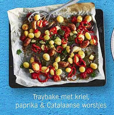 Traybake met kriel, paprika & Catalaanse worstjes