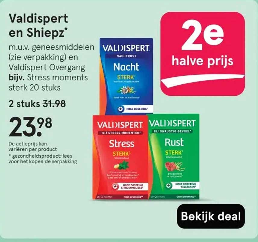 Valdispert en Shiepz* m.u.v. geneesmiddelen (zie verpakking) en Valdispert Overgang bijv. Stress moments sterk 20 stuks