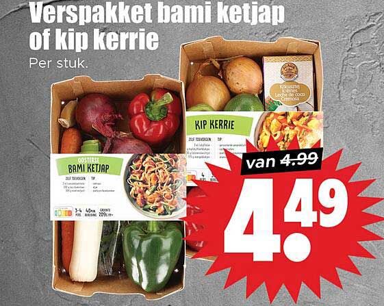 Verspakket bami ketjap of kip kerrie