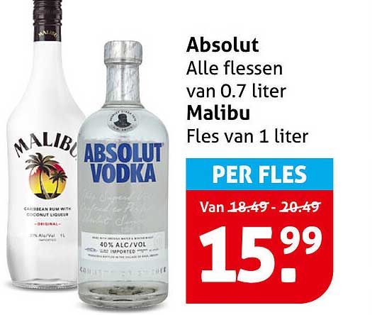 Absolut Alle flessen van 0.7 liter Malibu Fles van 1 liter PER FLES