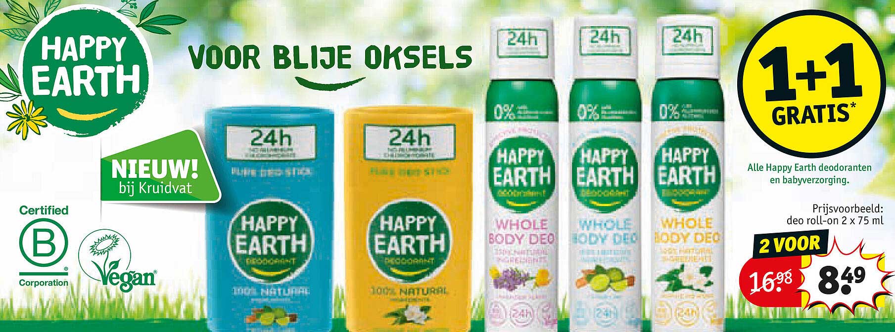 Alle Happy Earth deodoranten en babyverzorging 1+1 GRATIS*
