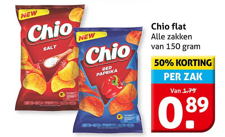 Chio flat Alle zakken van 150 gram 50% KORTING PER ZAK
