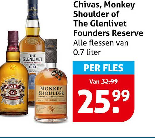 Chivas, Monkey Shoulder of The Glenlivet Founders Reserve Alle flessen van 0.7 liter PER FLES