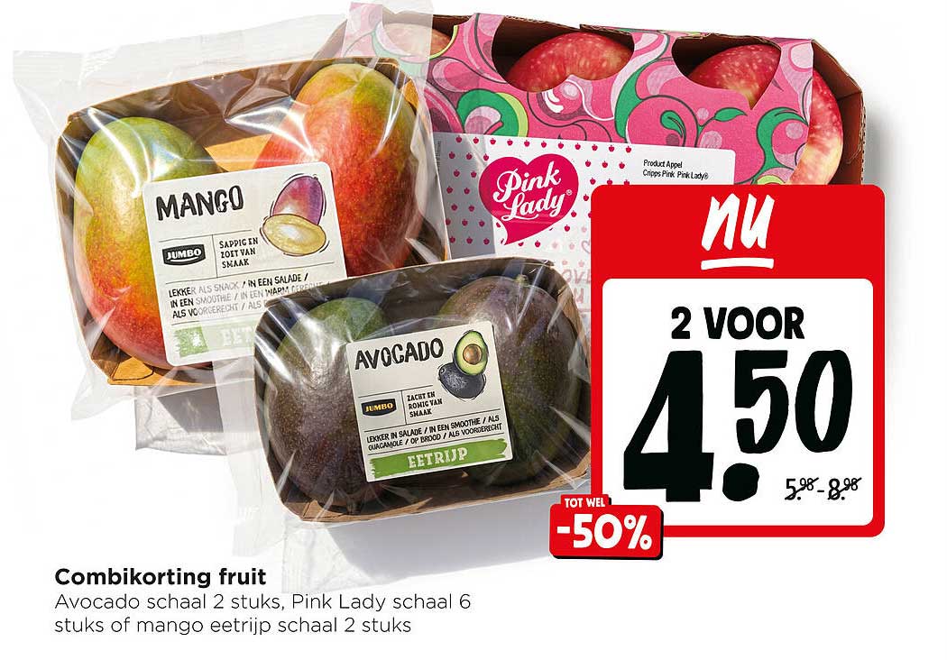 Combi korting fruit Avocado schaal 2 stuks, Pink Lady schaal 6 stuks of mango eetrijp schaal 2 stuks tot wel -50%