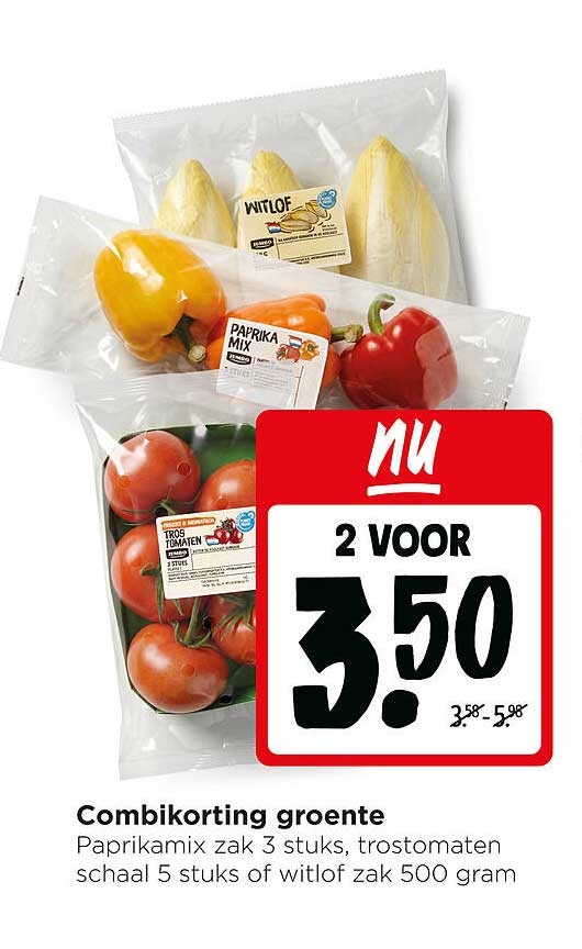 Combi korting groente Paprikamix zak 3 stuks, trostomaten schaal 5 stuks of witlof zak 500 gram