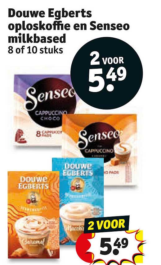 Douwe Egberts oploskoffie en Senseo milkbased 8 of 10 stuks 2 voor 5.49