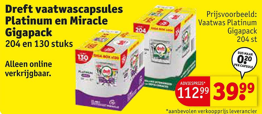 Dreft vaatwascapsules Platinum en Miracle Gigapack 204 en 130 stuks