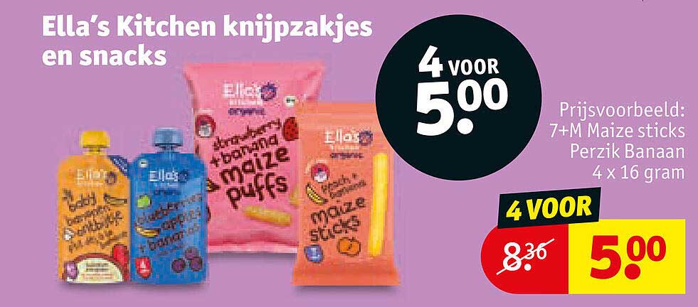 Ella’s Kitchen knijpzakjes en snacks 4 voor 5.00