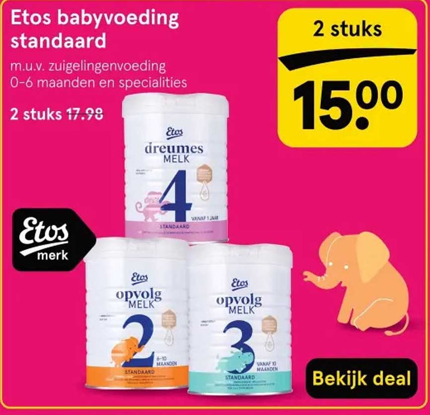 Etos babyvoeding standaard m.u.v. zuigelingenvoeding 0-6 maanden en specialities 2 stuks