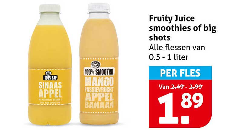Fruity Juice smoothies of big shots Alle flessen van 0.5 - 1 liter PER FLES