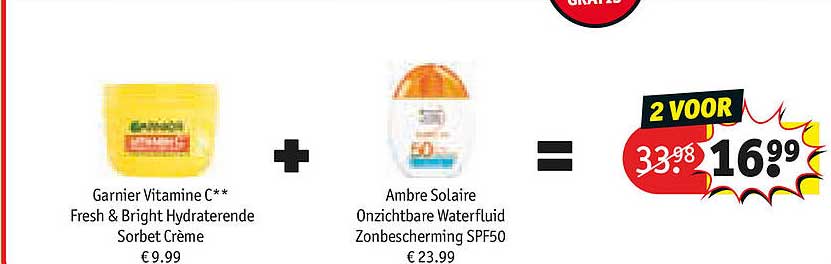 Garnier Vitamine C** Fresh & Bright Hydraterende Sorbet Crème + Ambre Solaire Onzichtbare Waterfluid Zonnebescherming SPF50 2 VOOR