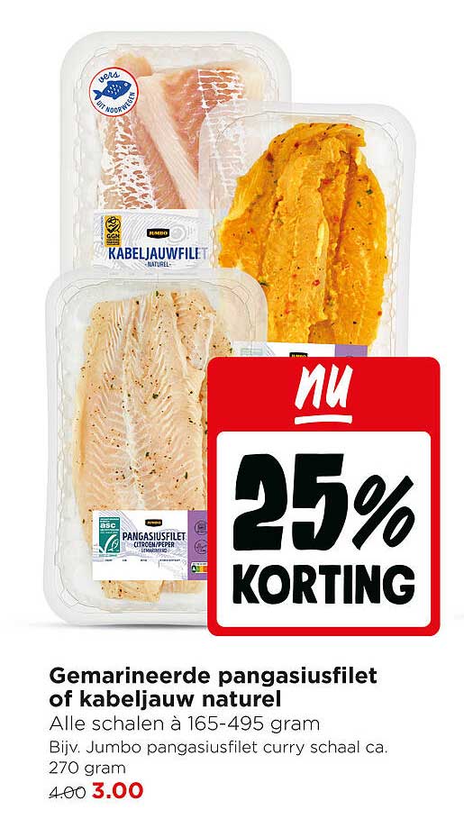 Gemarineerde pangasiusfilet of kabeljauw naturel 25% korting