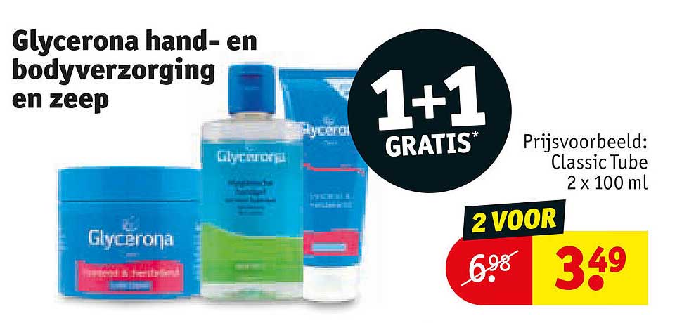 Glycerona hand- en bodyverzorging en zeep 1+1 GRATIS